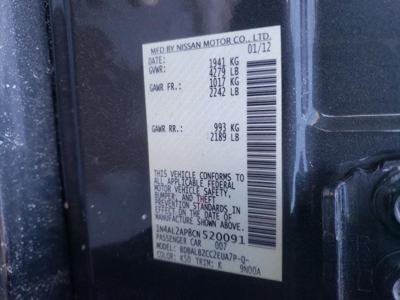 Photo 10 from auction – 2012 NISSAN ALTIMA BAS with VIN 1N4AL2AP8CN520091
