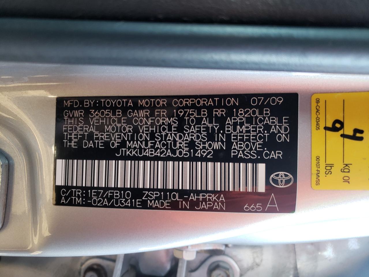 Photo 10 from auction – 2010 TOYOTA SCION XD with VIN JTKKU4B42AJ051492