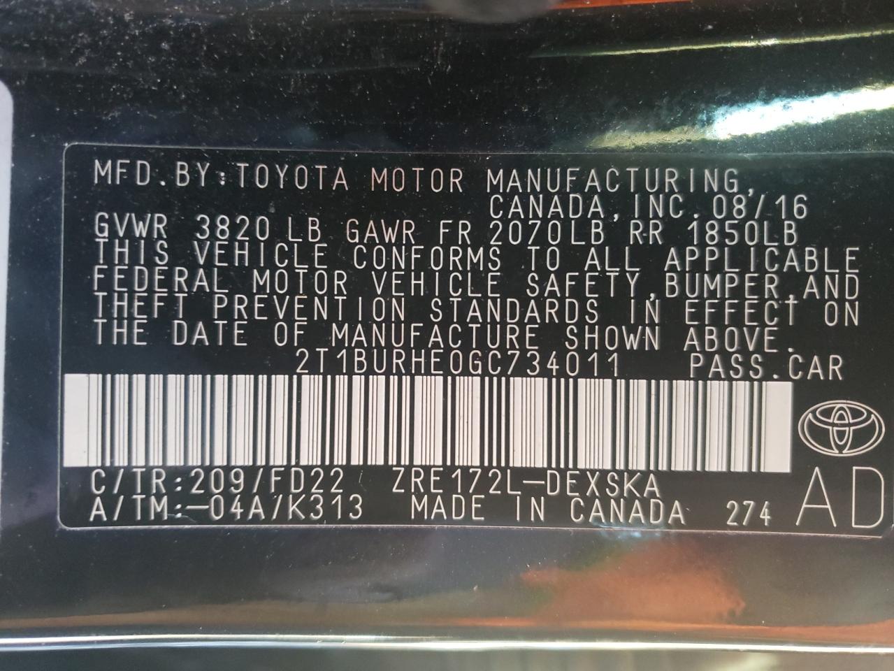 Photo 10 from auction – 2016 TOYOTA COROLLA with VIN 2T1BURHE0GC734011