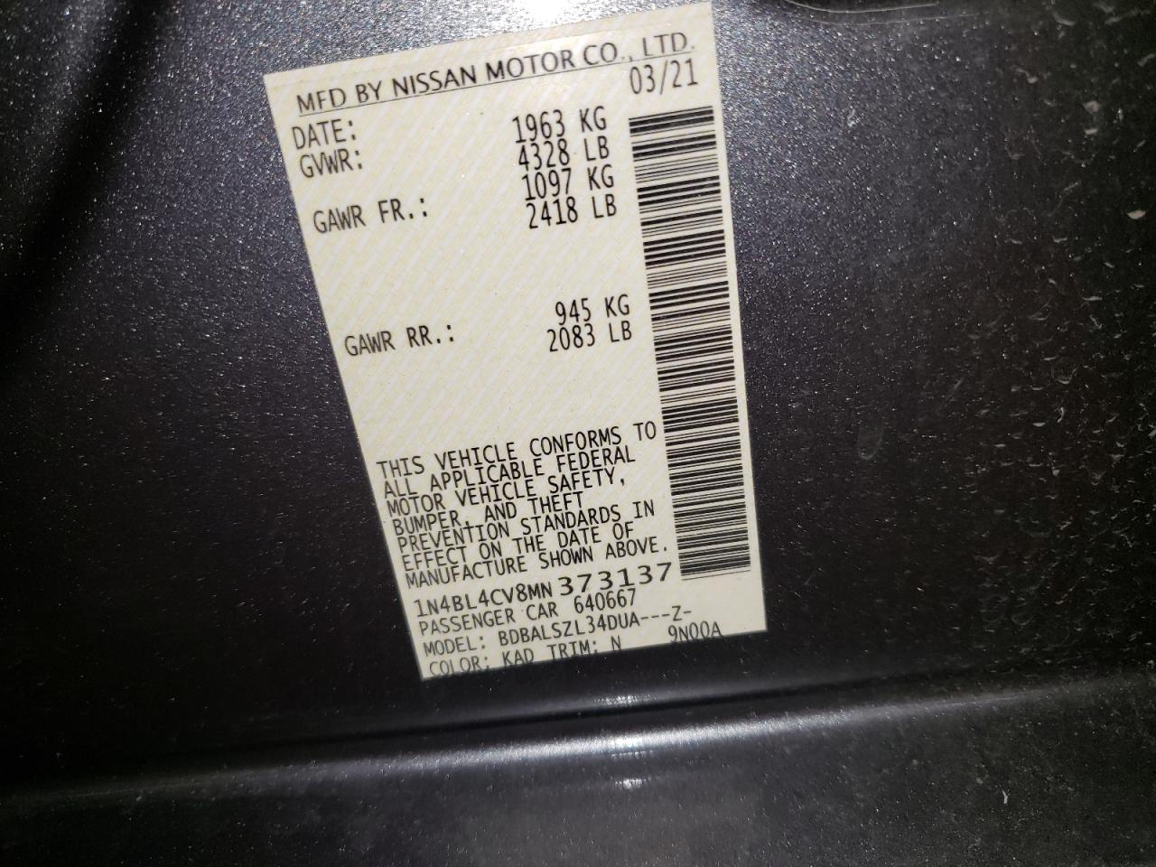 Photo 10 from auction – 2021 NISSAN ALTIMA SR with VIN 1N4BL4CV8MN373137