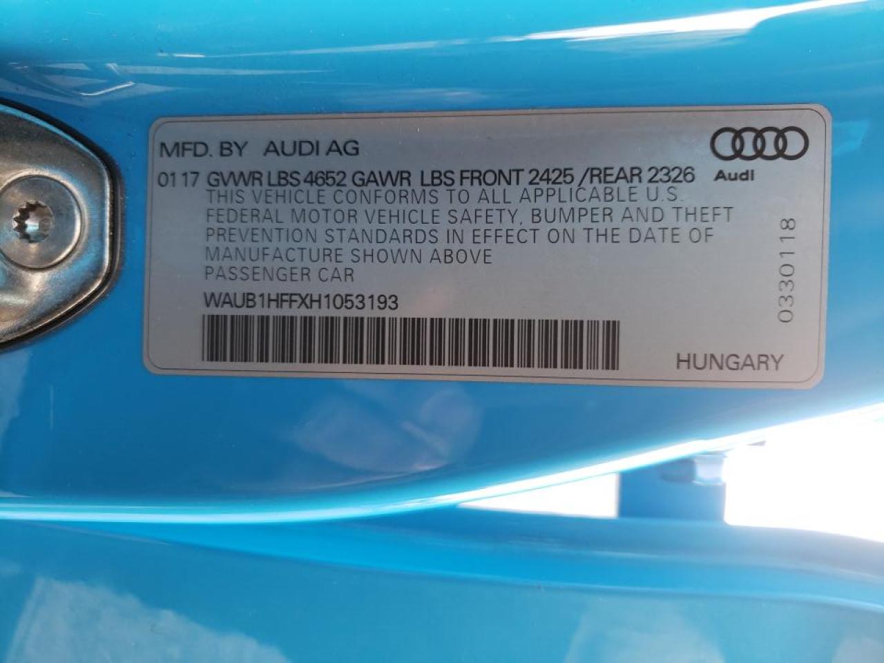 Photo 10 from auction – 2017 AUDI S3 PREMIUM with VIN WAUB1HFFXH1053193