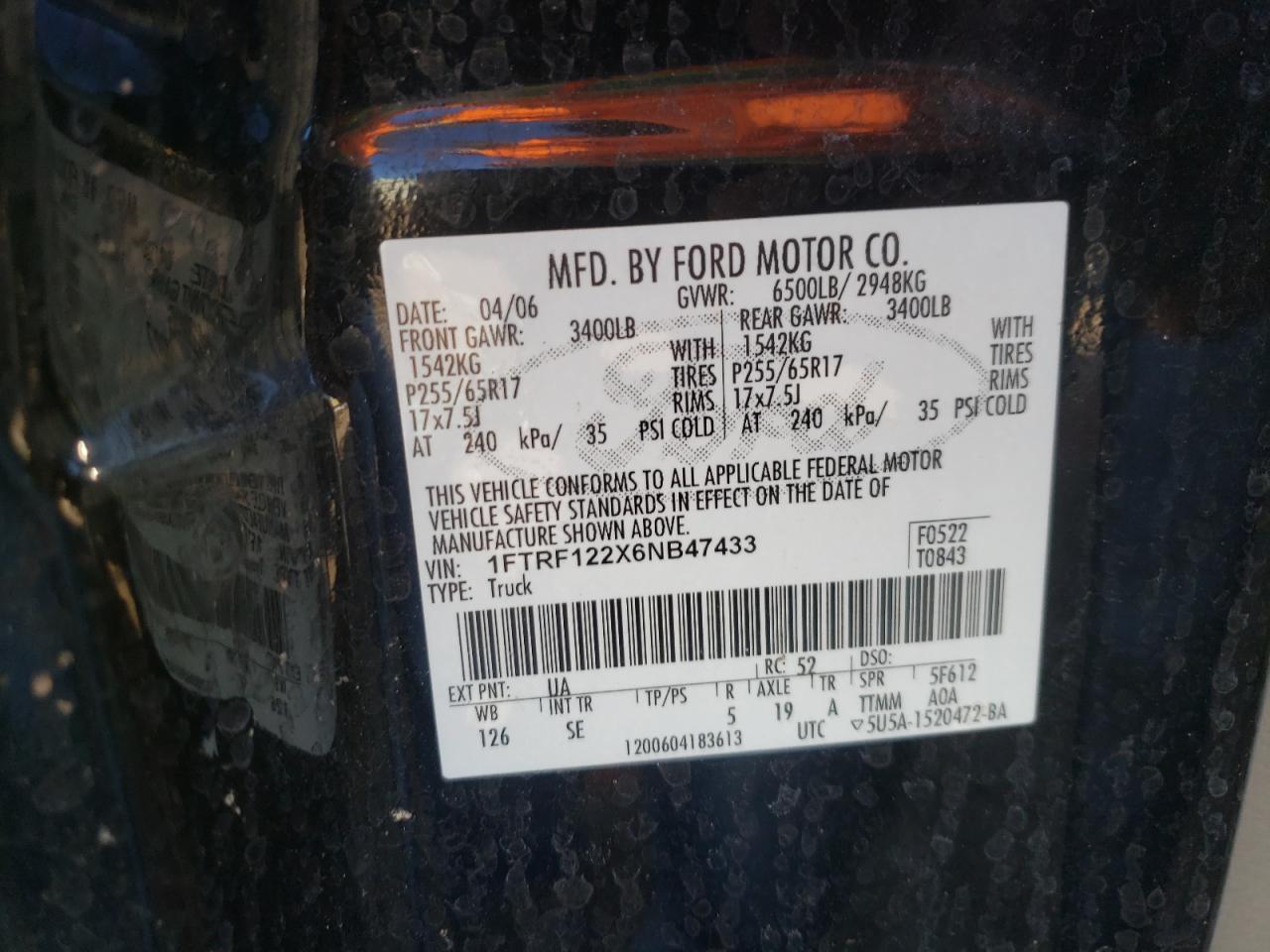 Photo 10 from auction – 2006 FORD F150 with VIN 1FTRF122X6NB47433