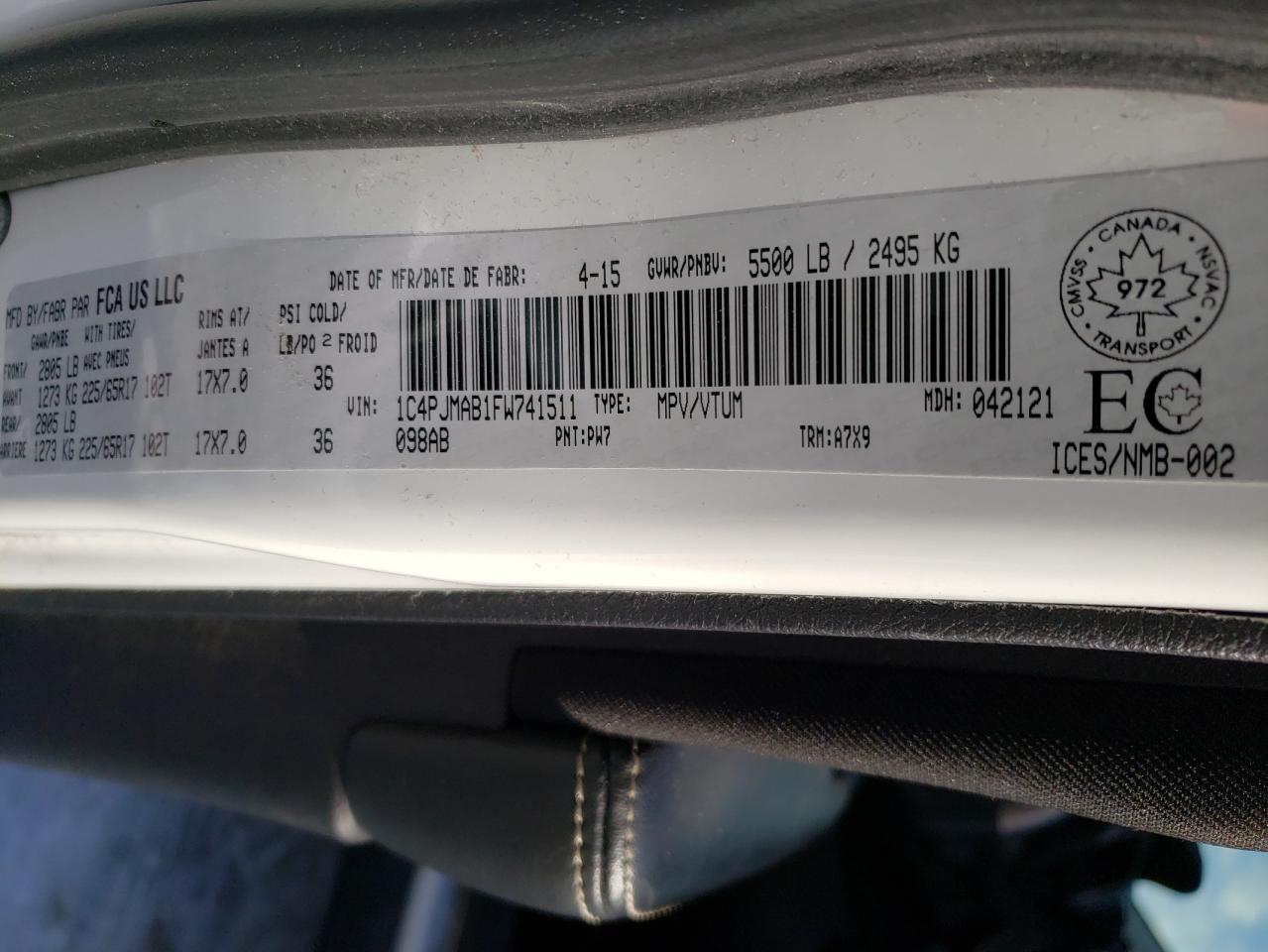 Photo 10 from auction – 2015 JEEP CHEROKEE S with VIN 1C4PJMAB1FW741511