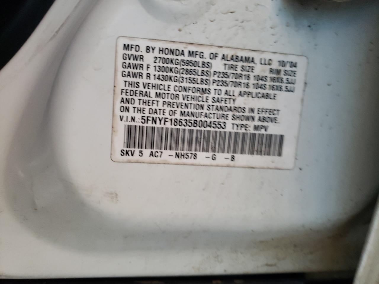 Foto 10 de la subasta – 2005 HONDA PILOT EXL con VIN 5FNYF18635B004553