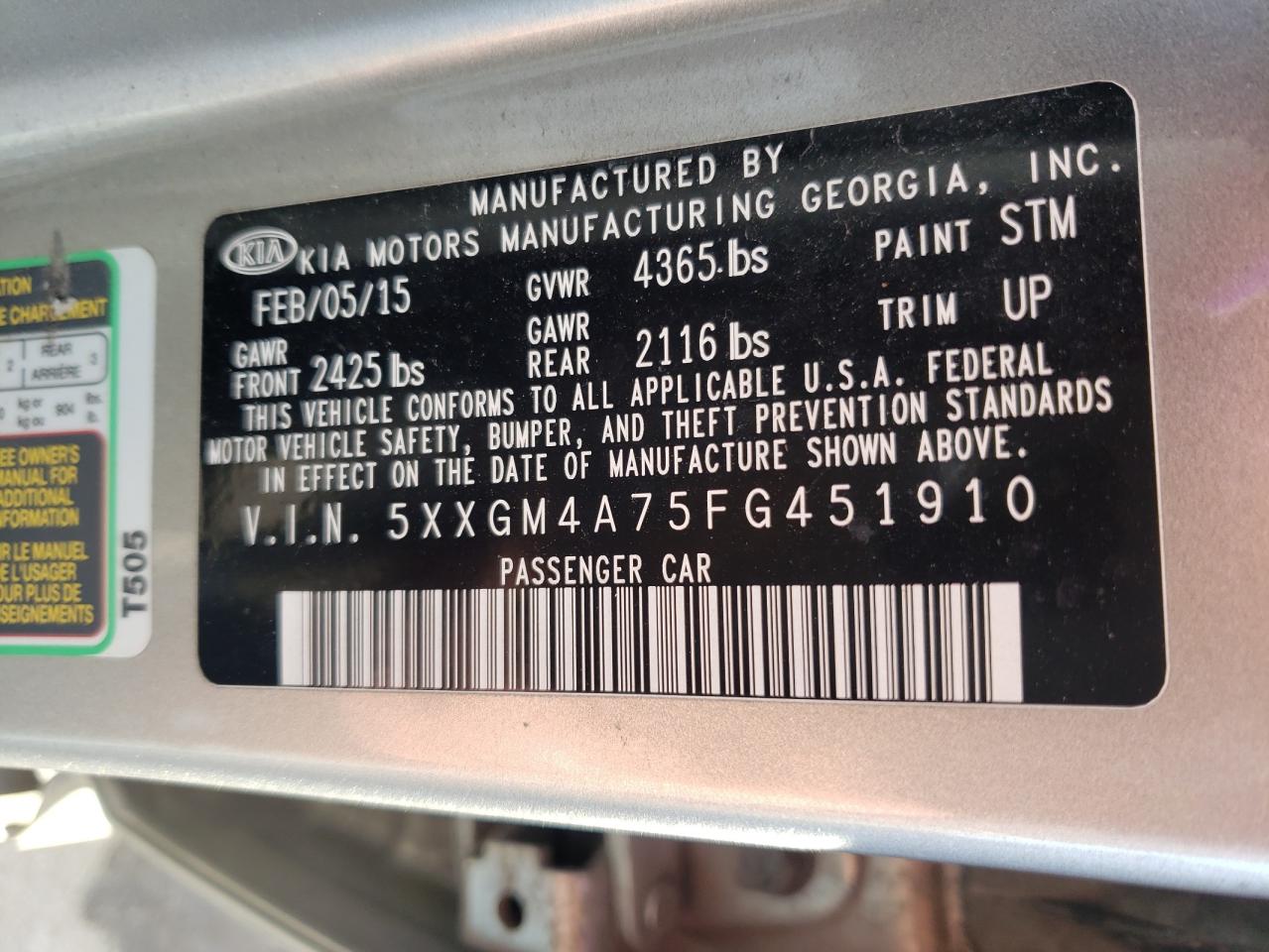 Photo 10 from auction – 2015 KIA OPTIMA LX with VIN 5XXGM4A75FG451910