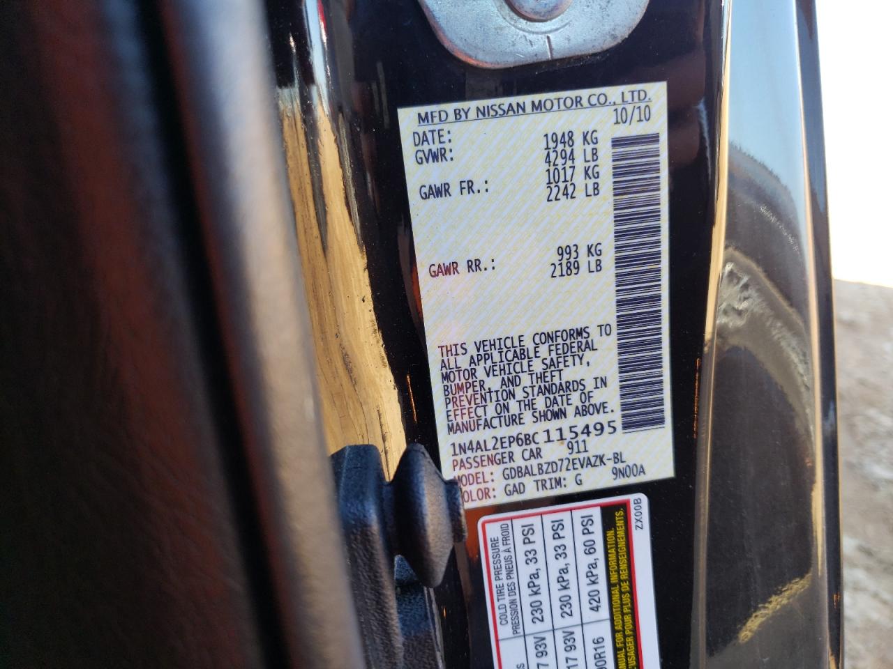 Photo 10 from auction – 2011 NISSAN ALTIMA S with VIN 1N4AL2EP6BC115495