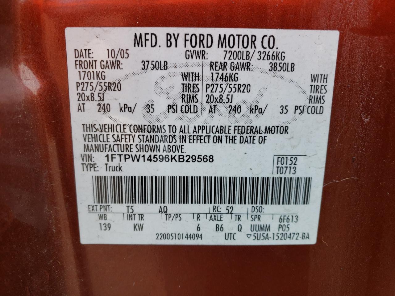 Photo 10 from auction – 2006 FORD F150 SUPER with VIN 1FTPW14596KB29568