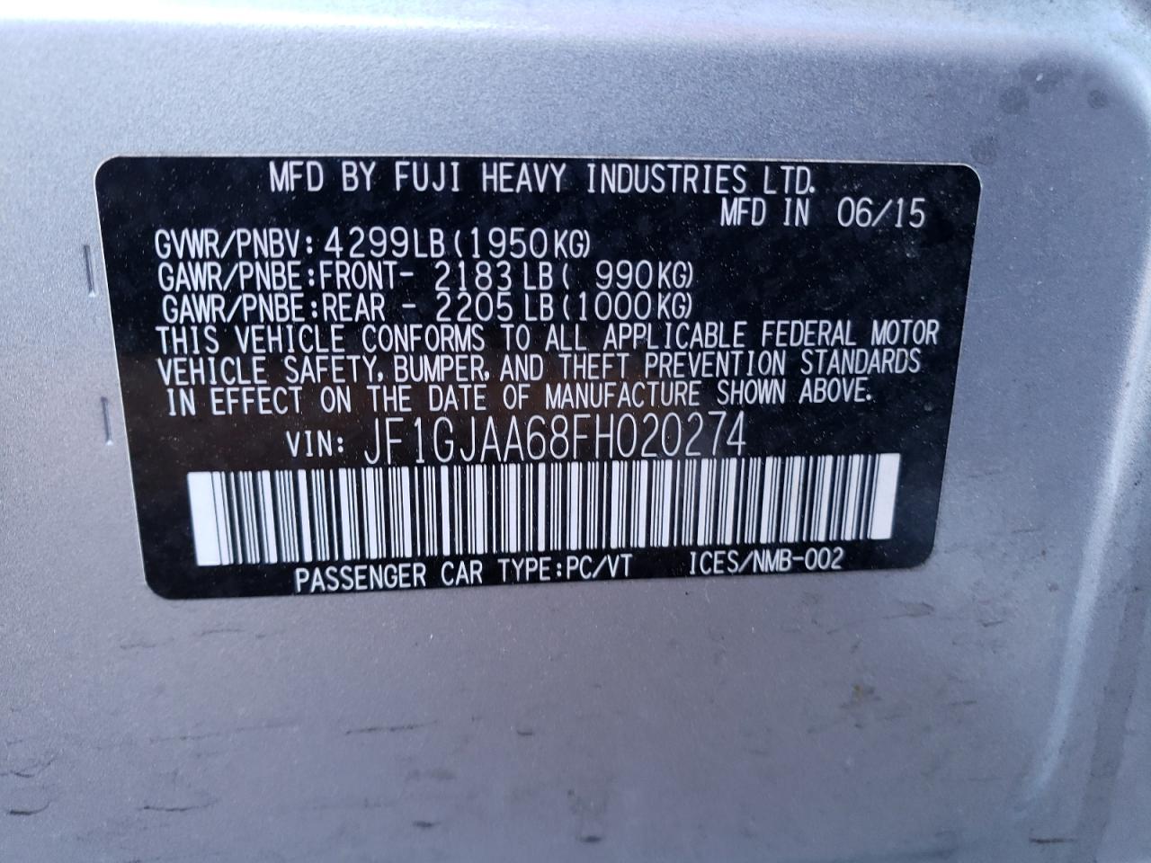 Photo 10 from auction – 2015 SUBARU IMPREZA with VIN JF1GJAA68FH020274