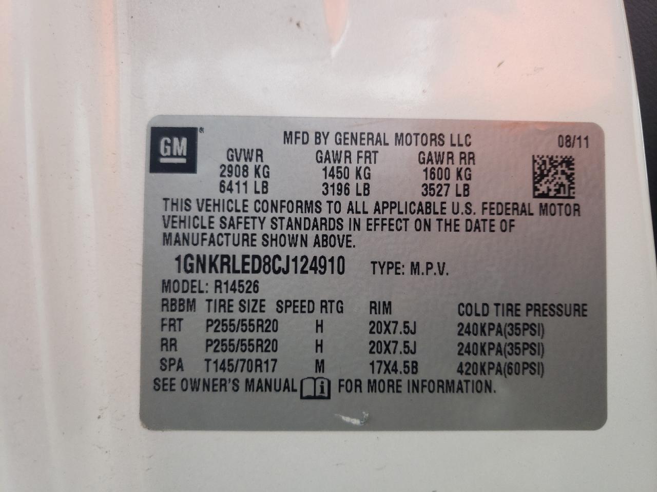 Photo 10 from auction – 2012 CHEVROLET TRAVERSE L with VIN 1GNKRLED8CJ124910