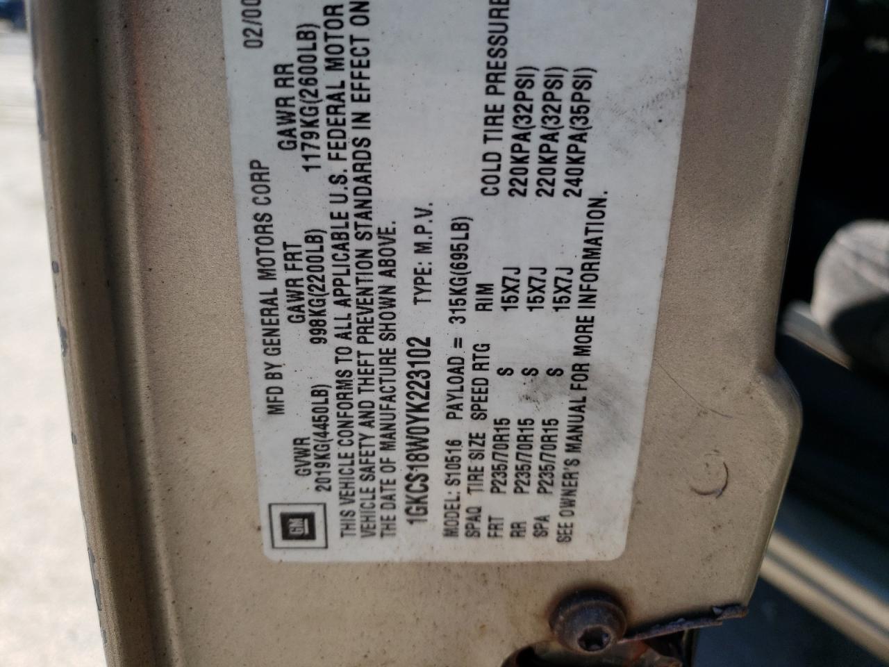 Photo 10 from auction – 2000 GMC JIMMY with VIN 1GKCS18W0YK223102