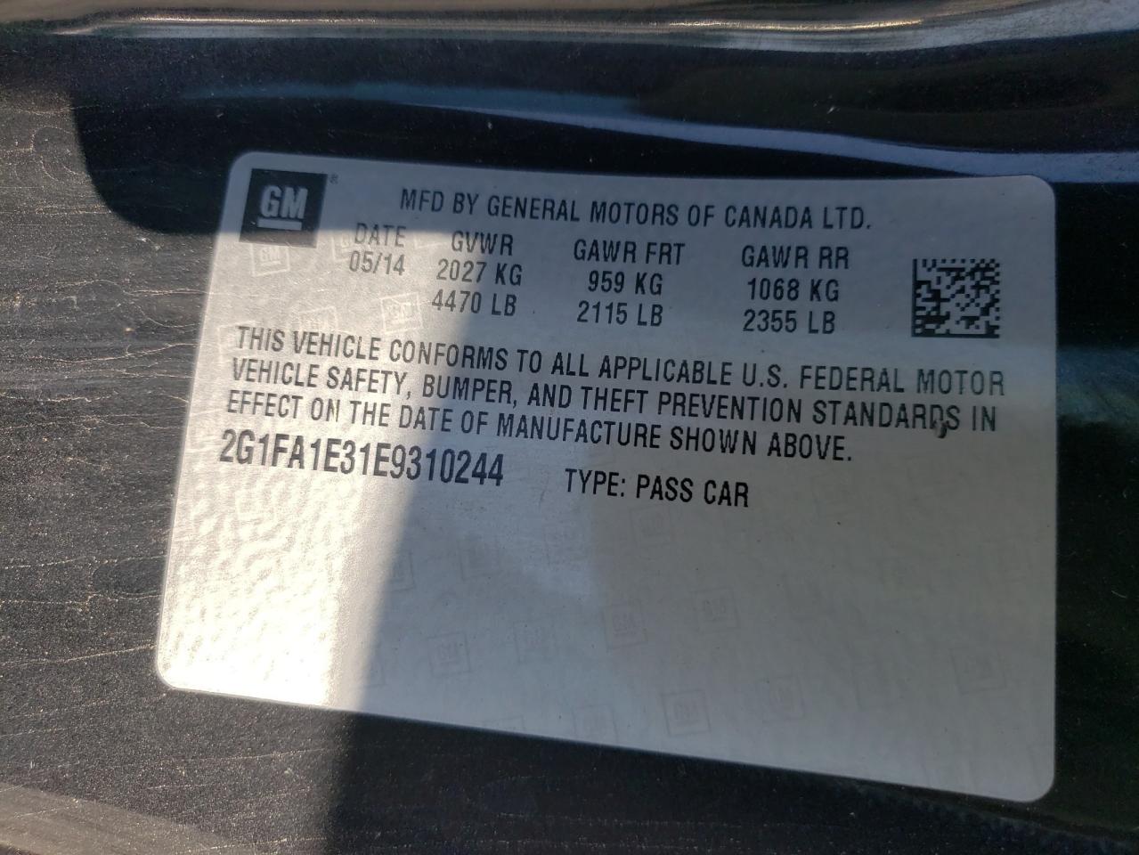 Photo 10 from auction – 2014 CHEVROLET CAMARO LS with VIN 2G1FA1E31E9310244