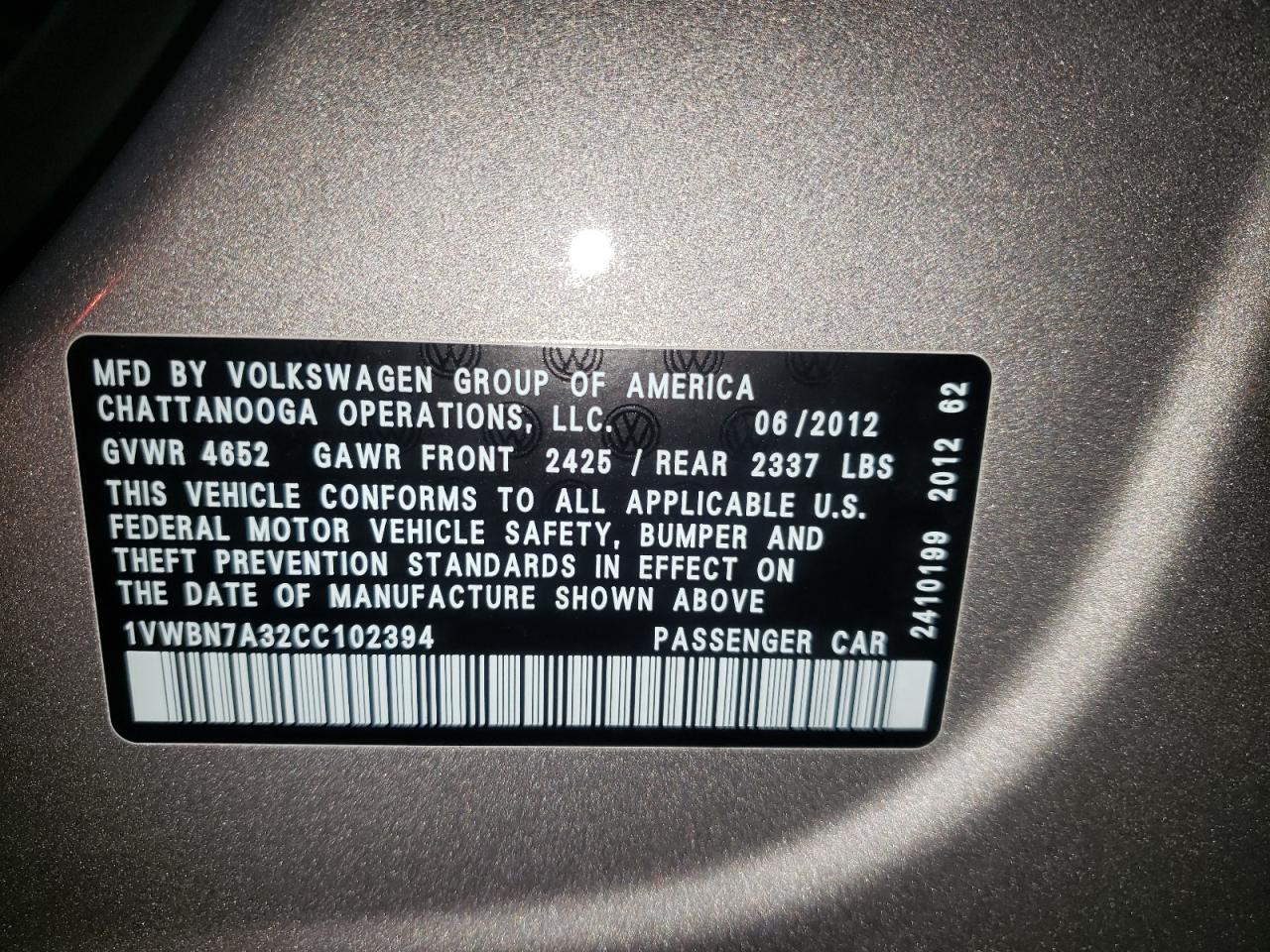 Photo 10 from auction – 2012 VOLKSWAGEN PASSAT SE with VIN 1VWBN7A32CC102394