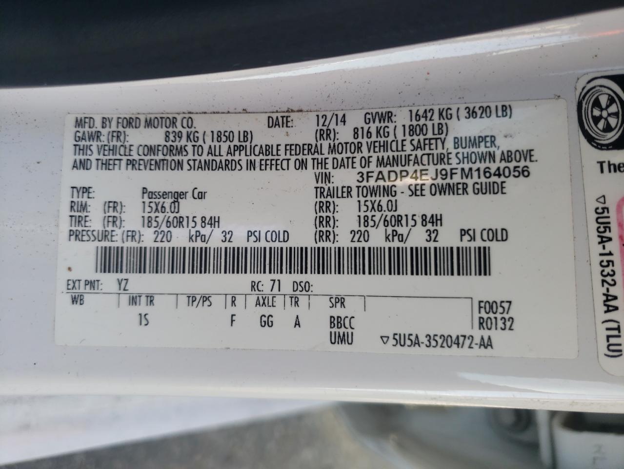 Photo 10 from auction – 2015 FORD FIESTA SE with VIN 3FADP4EJ9FM164056