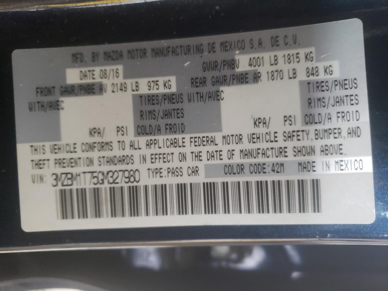 Photo 10 from auction – 2016 MAZDA 3 SPORT with VIN 3MZBM1T75GM327980