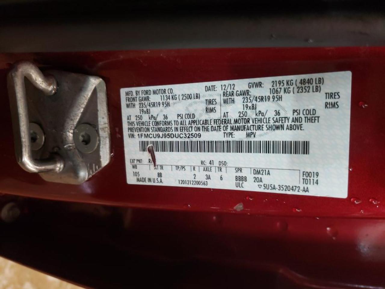 Photo 10 from auction – 2013 FORD ESCAPE TIT with VIN 1FMCU9J95DUC32509