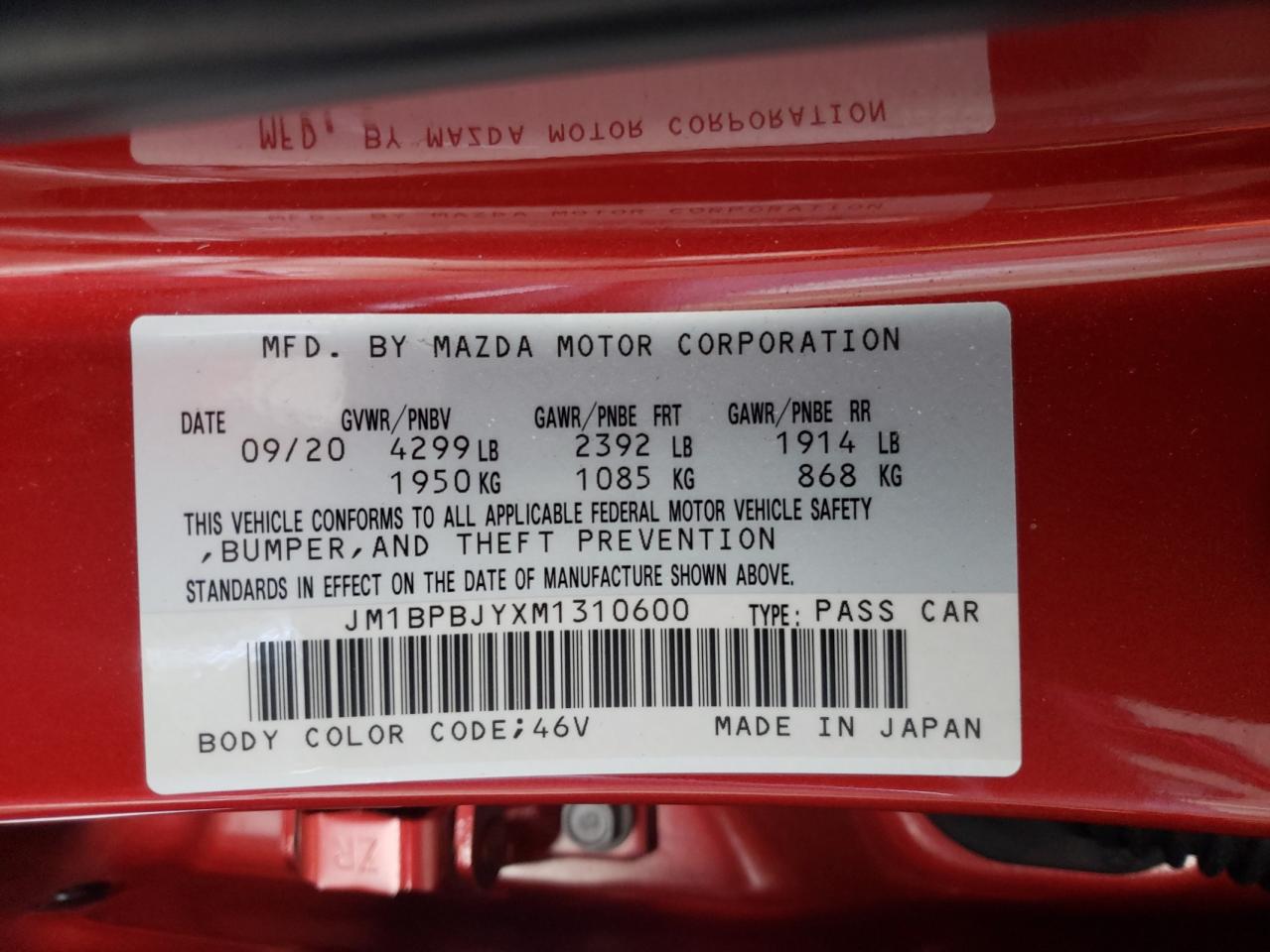 Photo 10 from auction – 2021 MAZDA 3 with VIN JM1BPBJYXM1310600