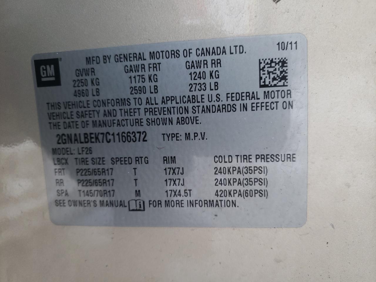 Photo 10 from auction – 2012 CHEVROLET EQUINOX LS with VIN 2GNALBEK7C1166372