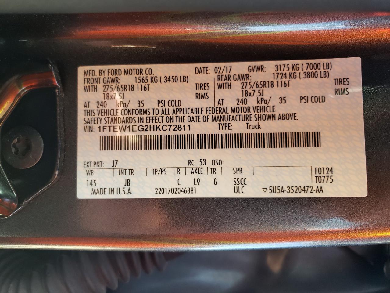Photo 10 from auction – 2017 FORD F150 SUPER with VIN 1FTEW1EG2HKC72811
