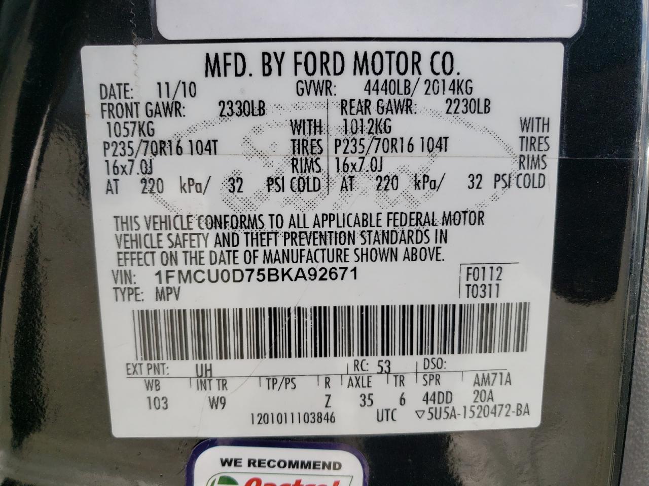 Photo 10 from auction – 2011 FORD ESCAPE XLT with VIN 1FMCU0D75BKA92671
