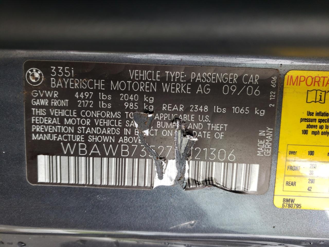 Photo 10 from auction – 2007 BMW 335 I with VIN WBAWB73527P021306