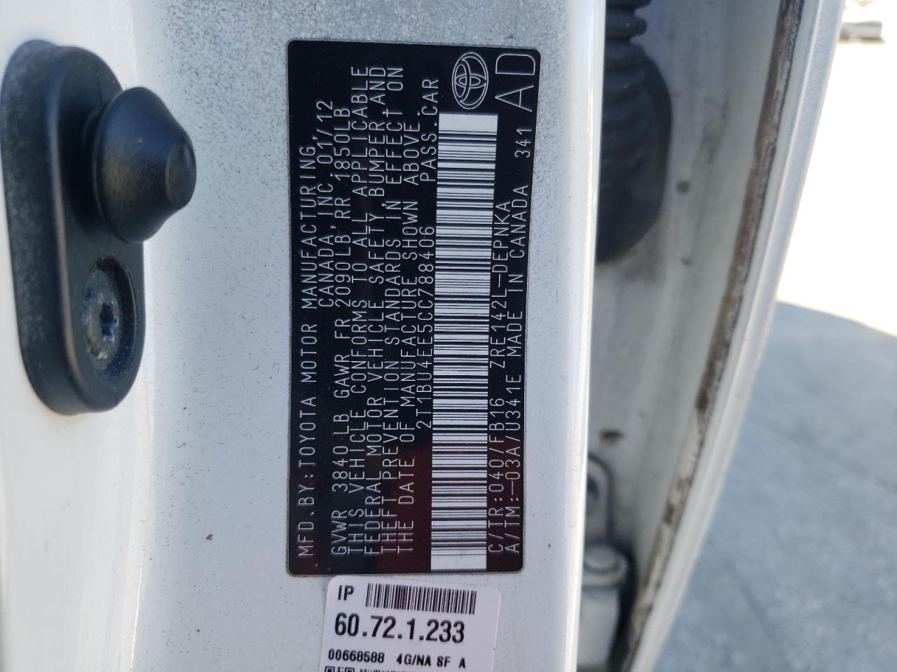 Photo 10 from auction – 2012 TOYOTA COROLLA BA with VIN 2T1BU4EE5CC788406