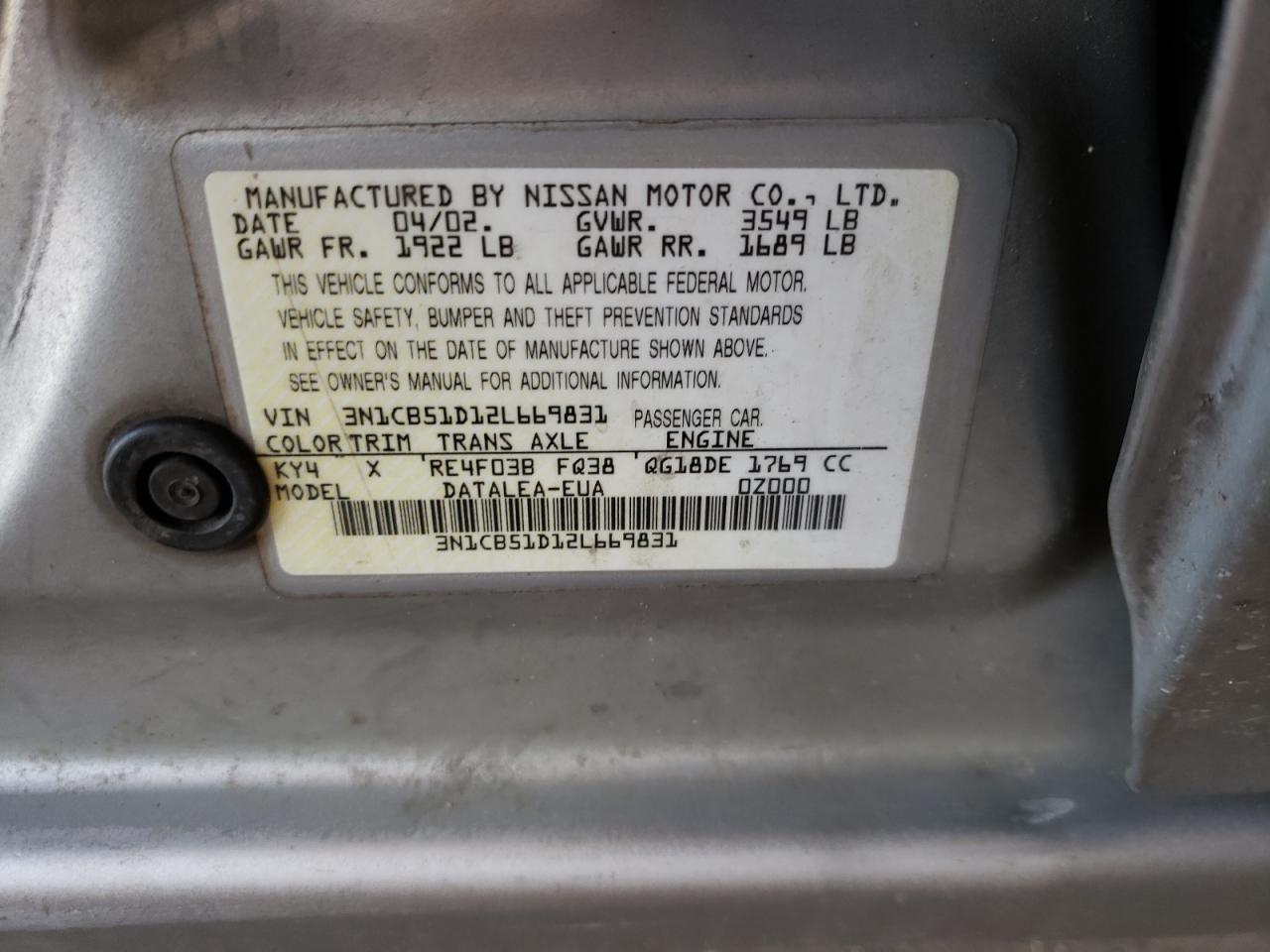 Photo 10 from auction – 2002 NISSAN SENTRA XE with VIN 3N1CB51D12L669831