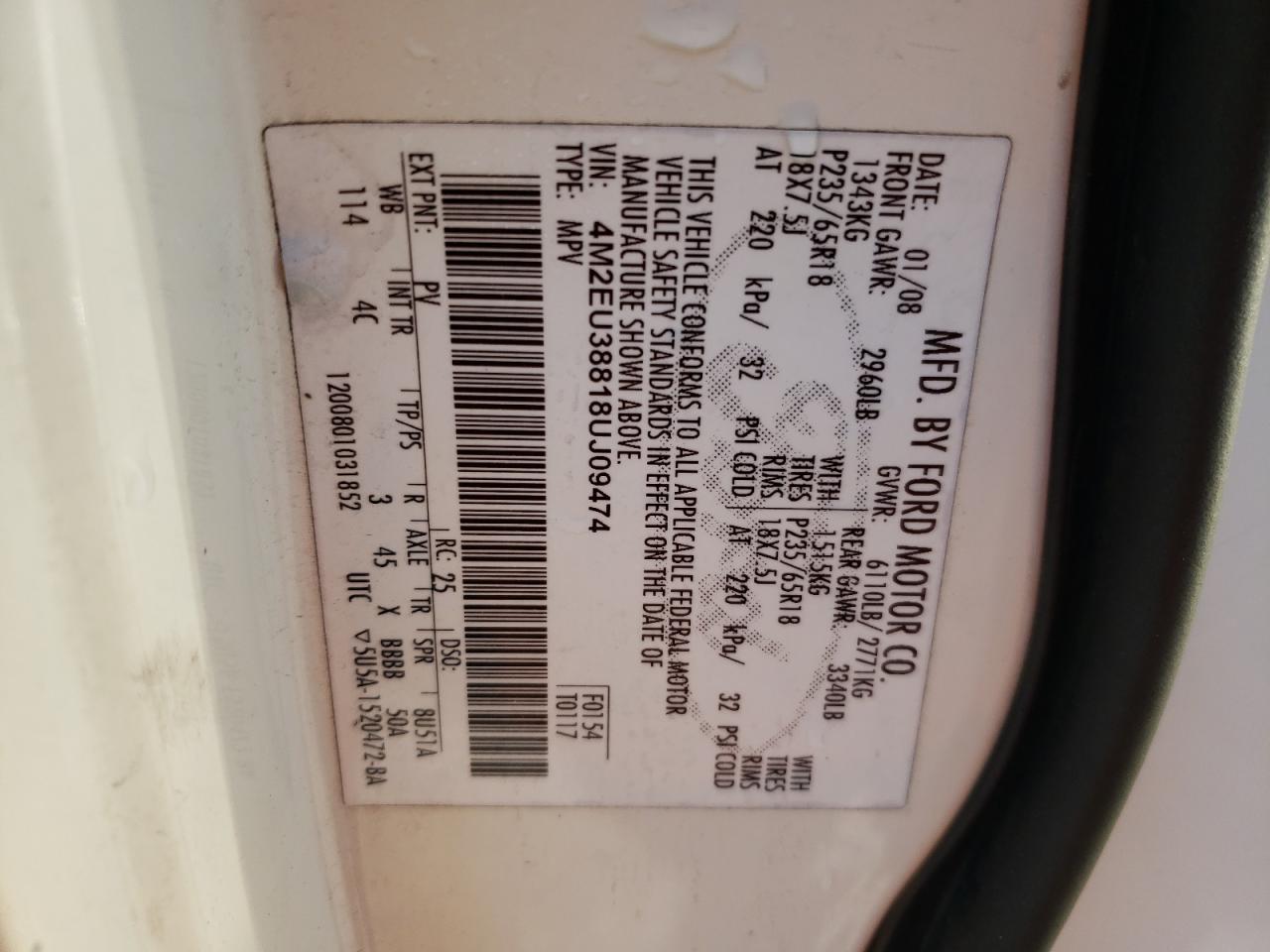 Photo 10 from auction – 2008 MERCURY MOUNTAINEE with VIN 4M2EU38818UJ09474
