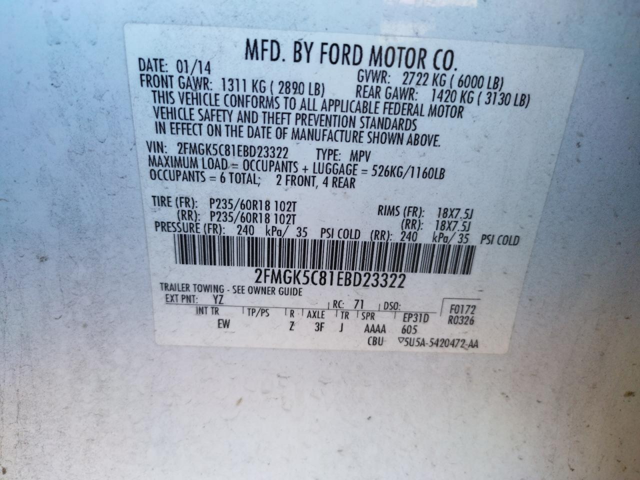 Photo 10 from auction – 2014 FORD FLEX SEL with VIN 2FMGK5C81EBD23322