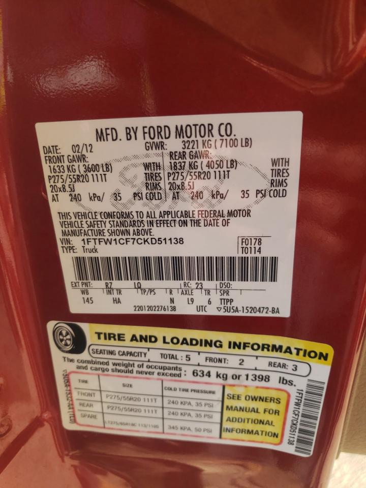 Photo 10 from auction – 2012 FORD F150 SUPER with VIN 1FTFW1CF7CKD51138