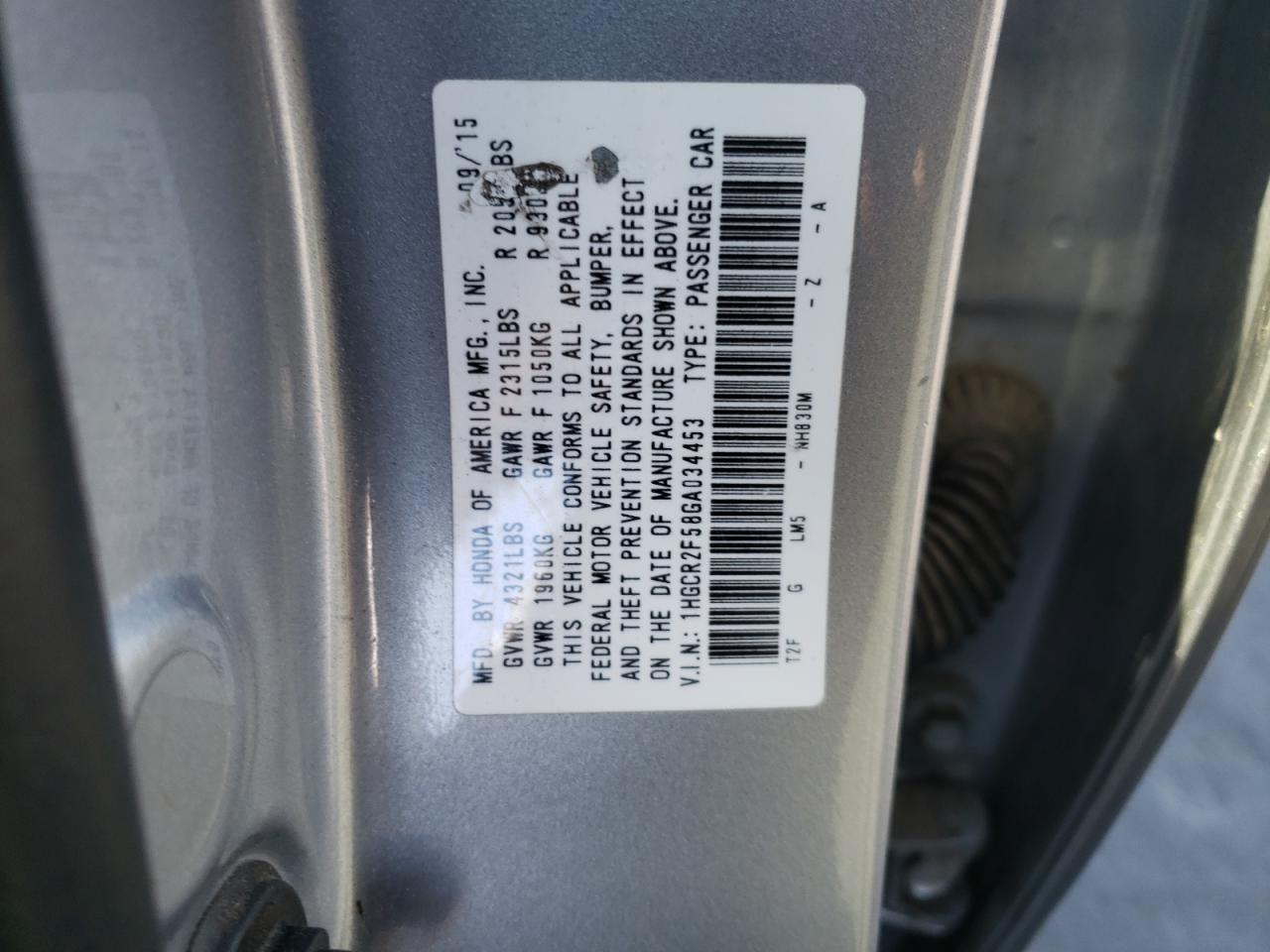 Photo 10 from auction – 2016 HONDA ACCORD SPO with VIN 1HGCR2F58GA034453