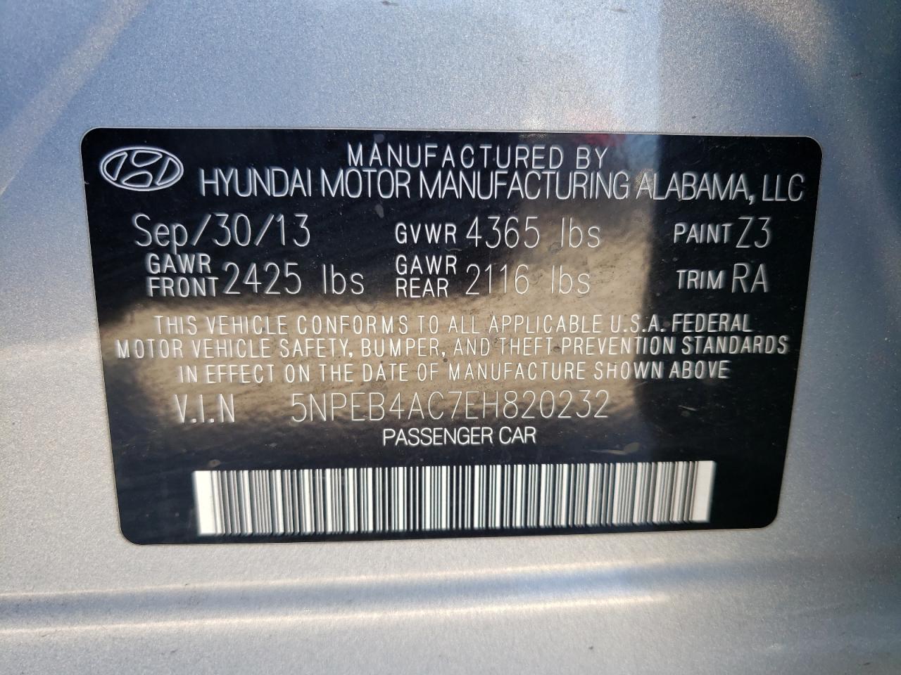 Photo 10 from auction – 2014 HYUNDAI SONATA GLS with VIN 5NPEB4AC7EH820232