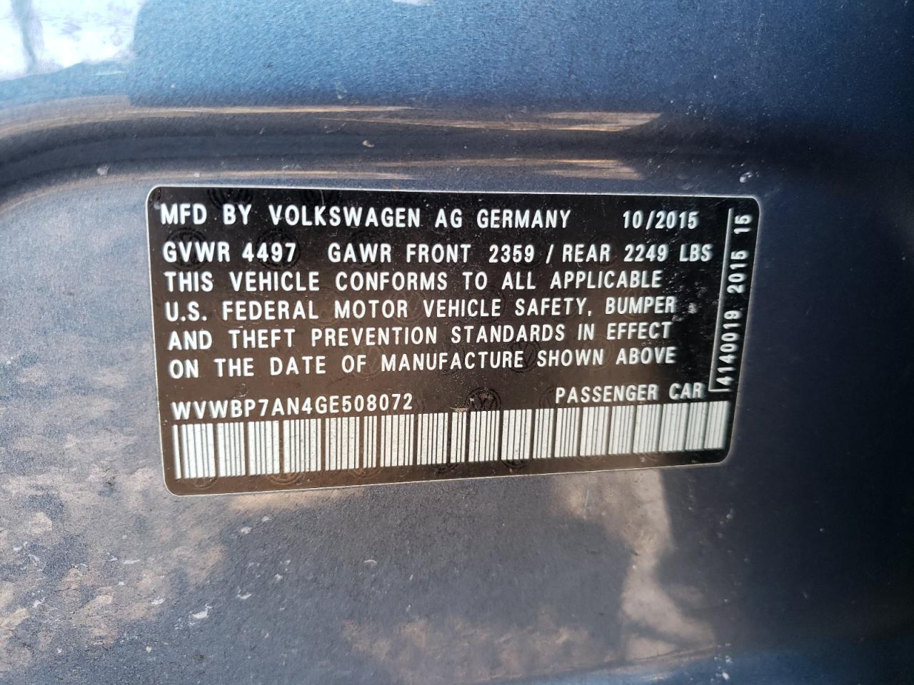 Photo 10 from auction – 2016 VOLKSWAGEN CC BASE with VIN WVWBP7AN4GE508072