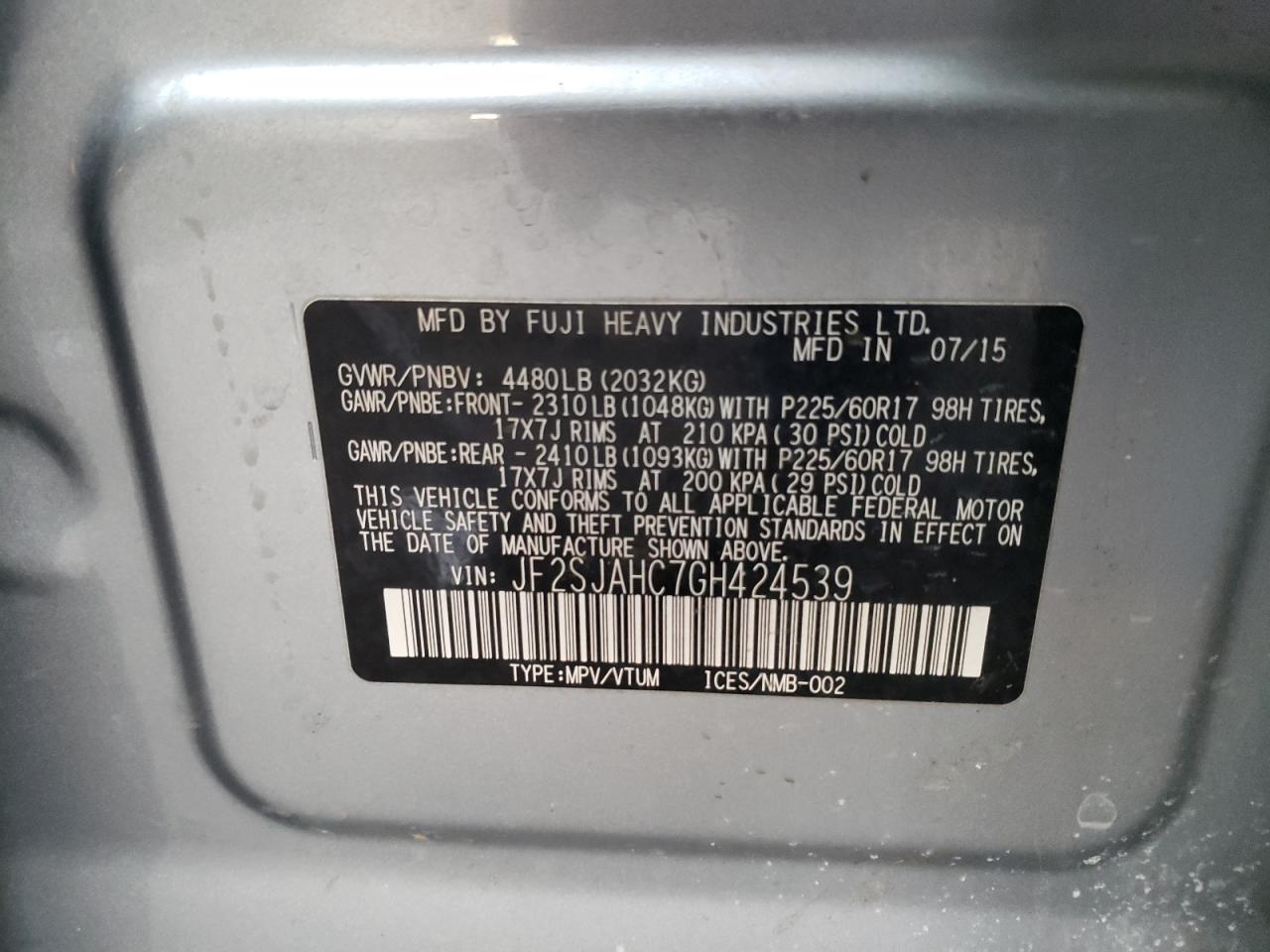 Photo 10 from auction – 2016 SUBARU FORESTER 2 with VIN JF2SJAHC7GH424539