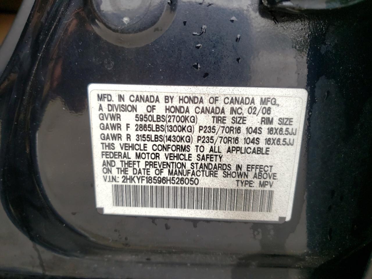 Photo 10 from auction – 2006 HONDA PILOT EX with VIN 2HKYF18596H526050