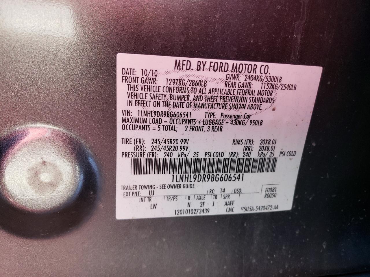 Photo 10 from auction – 2011 LINCOLN MKS with VIN 1LNHL9DR9BG606541