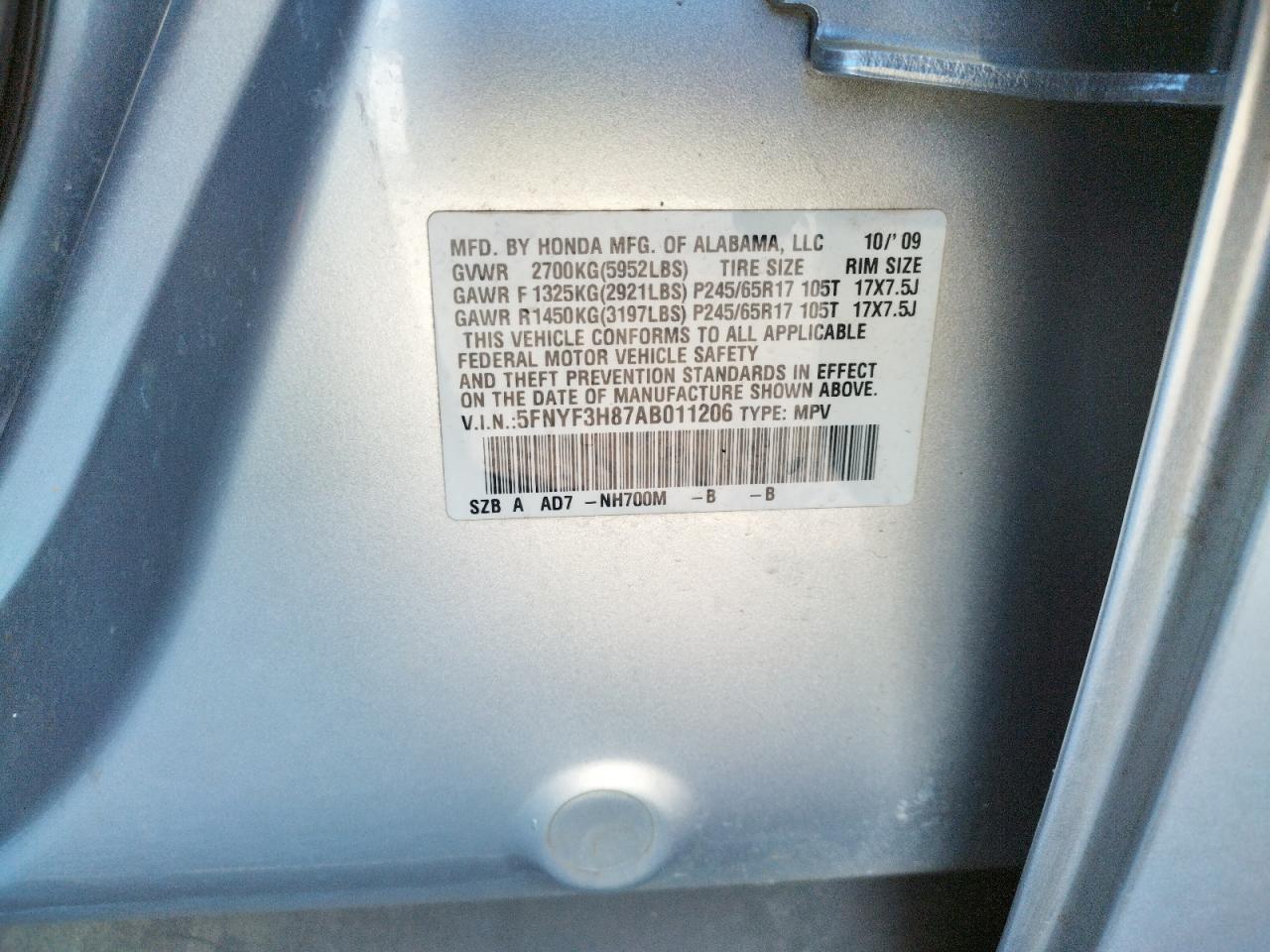 Photo 10 from auction – 2010 HONDA PILOT TOUR with VIN 5FNYF3H87AB011206