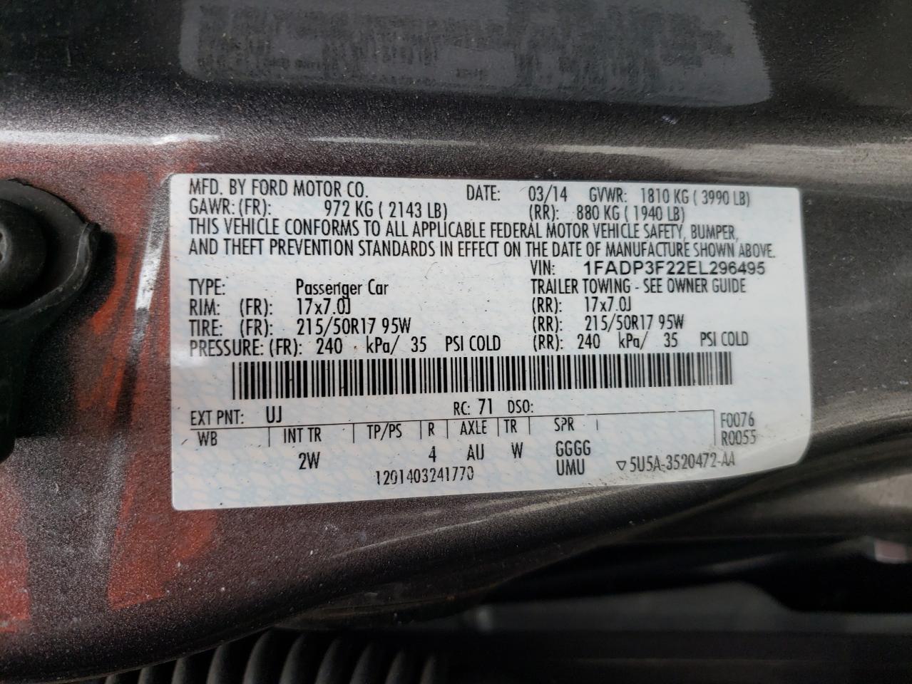 Photo 10 from auction – 2014 FORD FOCUS SE with VIN 1FADP3F22EL296495