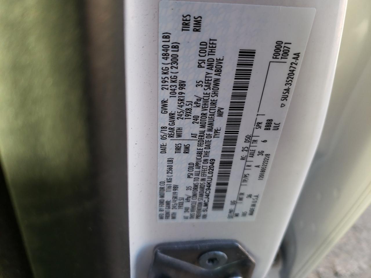 Foto 10 de la subasta – 2019 LINCOLN MKC con VIN 5LMCJ4C94KUL02049