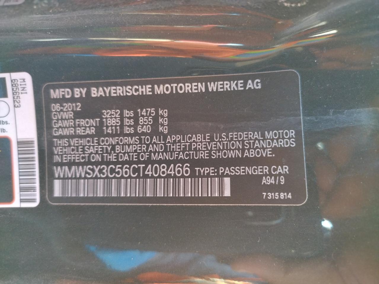 Photo 10 from auction – 2012 MINI COOPER COU with VIN WMWSX3C56CT408466