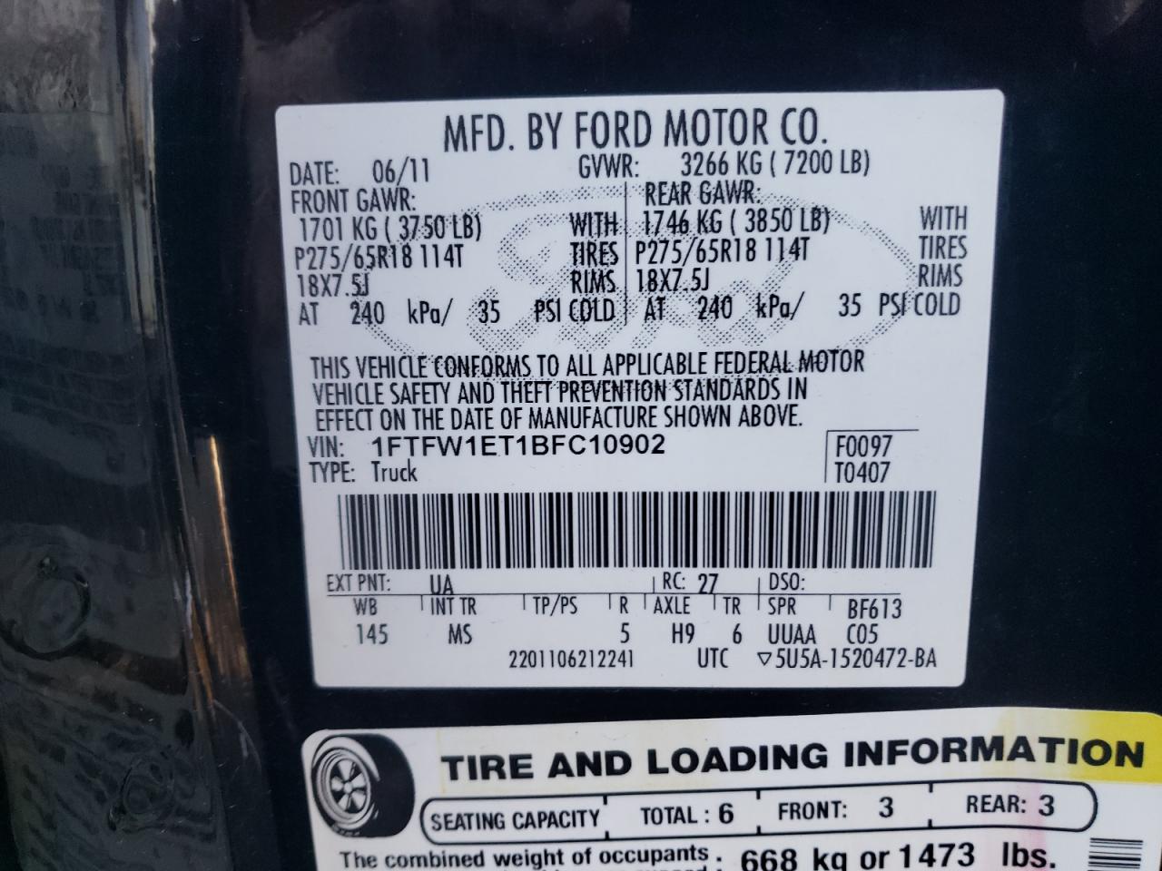 Photo 10 from auction – 2011 FORD F150 SUPER with VIN 1FTFW1ET1BFC10902