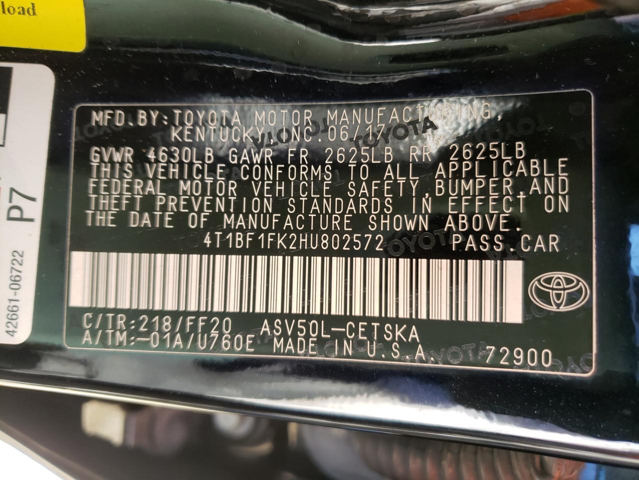 Photo 10 from auction – 2017 TOYOTA CAMRY LE with VIN 4T1BF1FK2HU802572