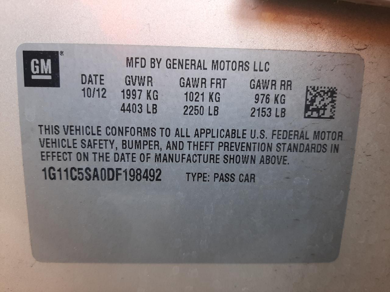 Photo 10 from auction – 2013 CHEVROLET MALIBU 1LT with VIN 1G11C5SA0DF198492