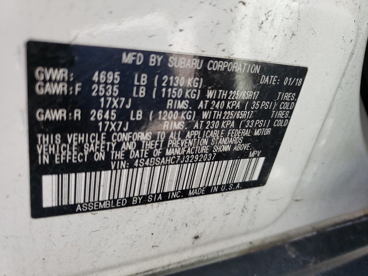 Photo 10 from auction – 2018 SUBARU OUTBACK 2. with VIN 4S4BSAHC7J3292037