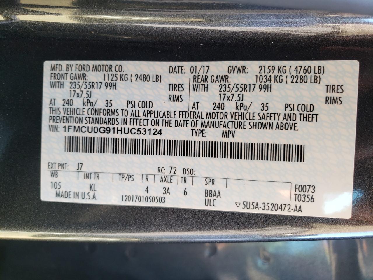 Photo 10 from auction – 2017 FORD ESCAPE SE with VIN 1FMCU0G91HUC53124