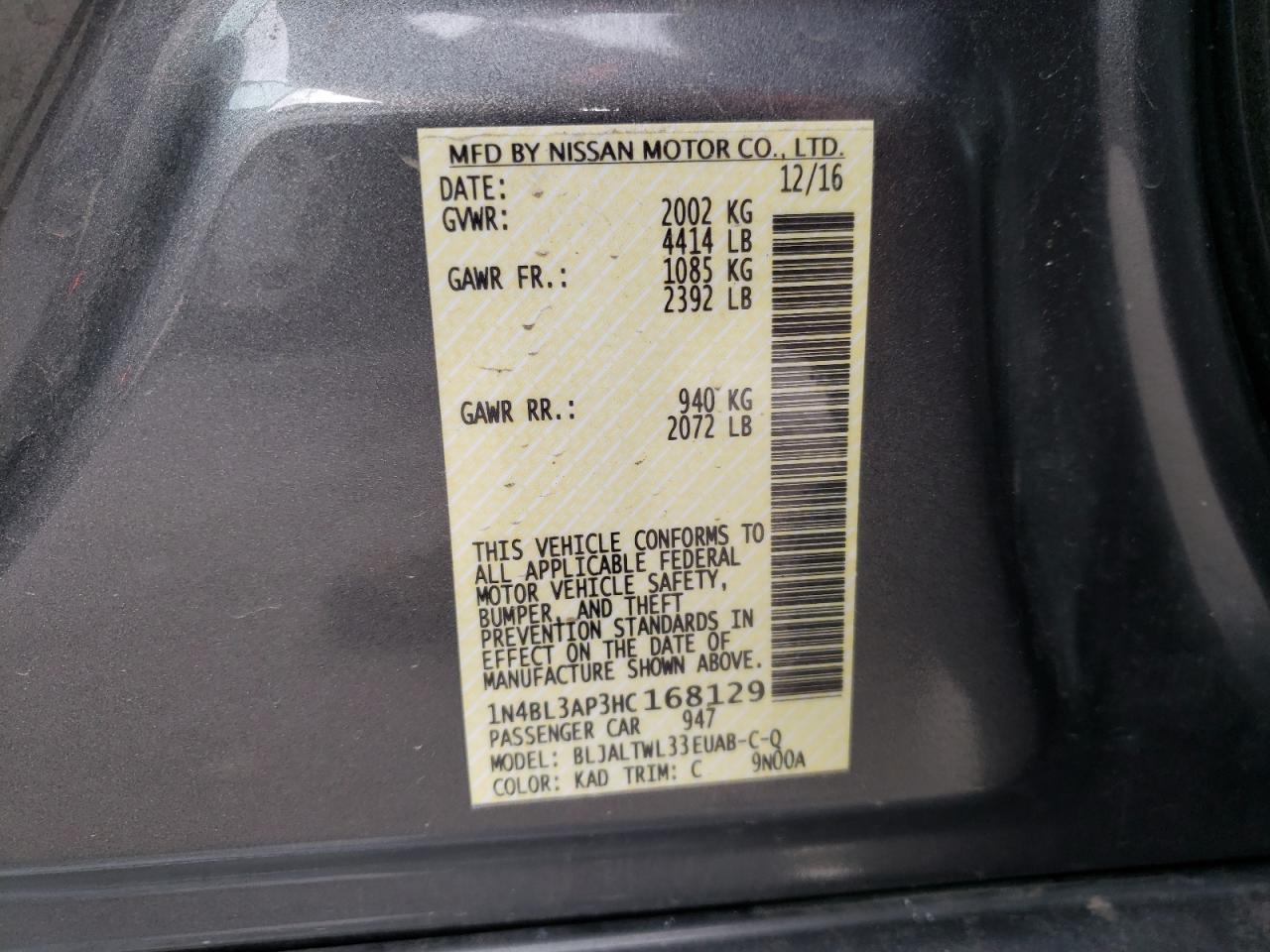 Photo 10 from auction – 2017 NISSAN ALTIMA 3.5 with VIN 1N4BL3AP3HC168129