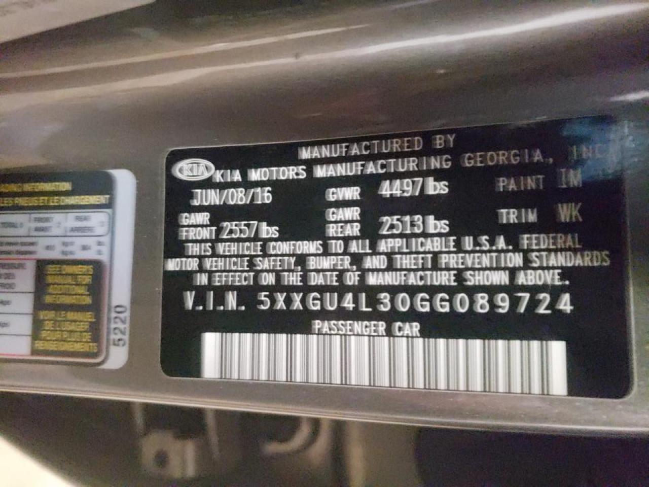 Photo 10 from auction – 2016 KIA OPTIMA EX with VIN 5XXGU4L30GG089724