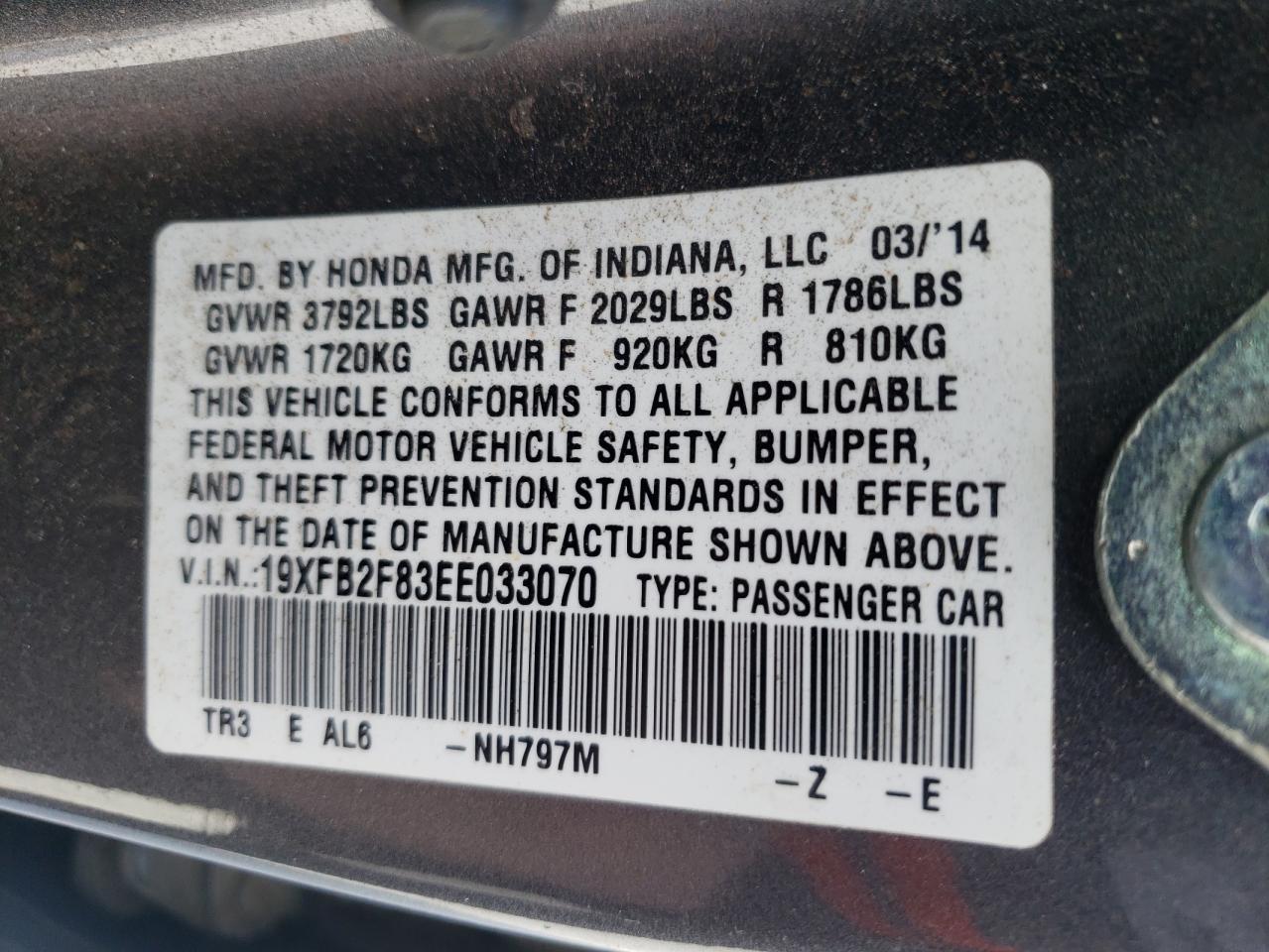 Photo 10 from auction – 2014 HONDA CIVIC EX with VIN 19XFB2F83EE033070