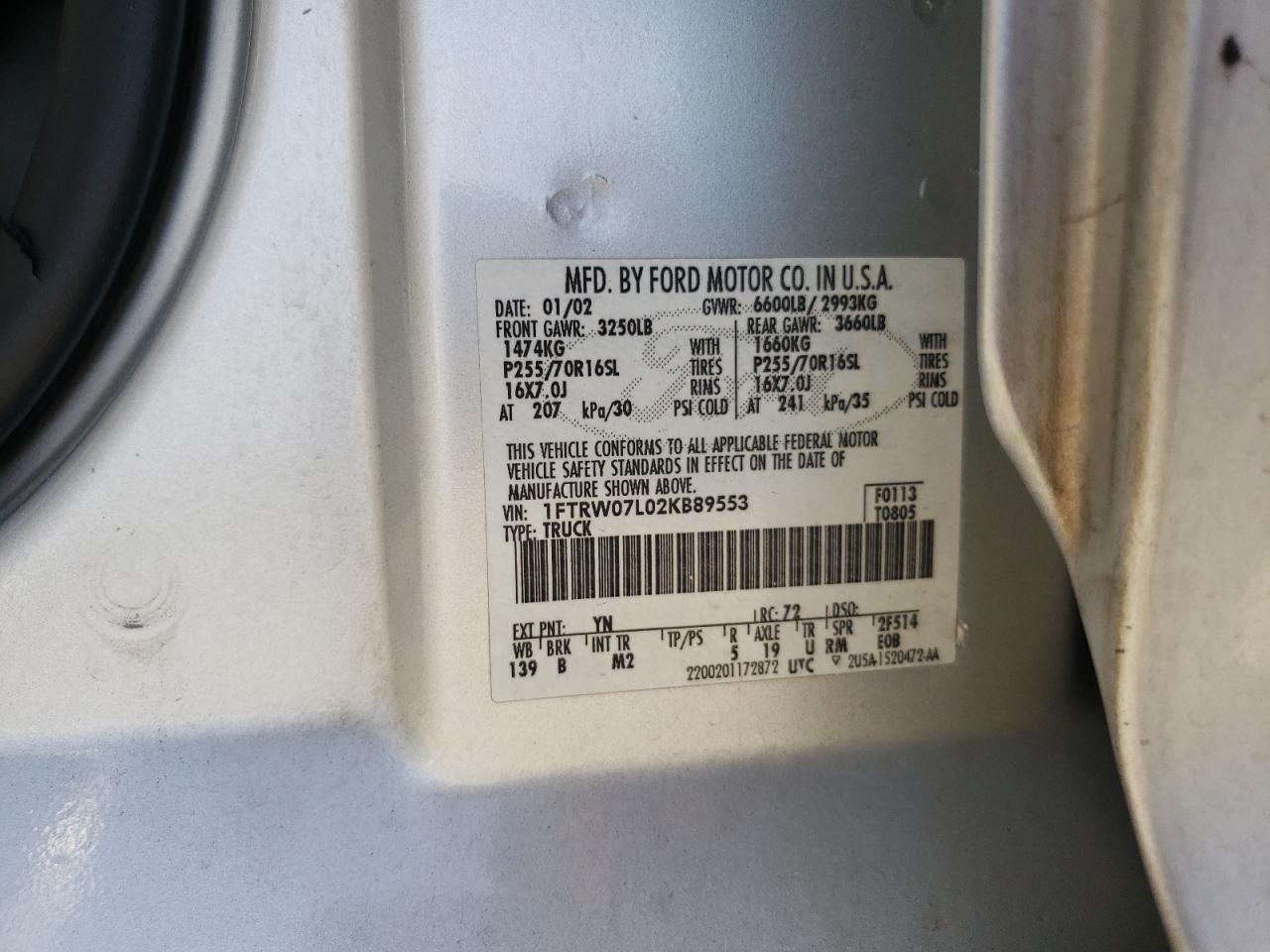 Photo 10 from auction – 2002 FORD F150 SUPER with VIN 1FTRW07L02KB89553