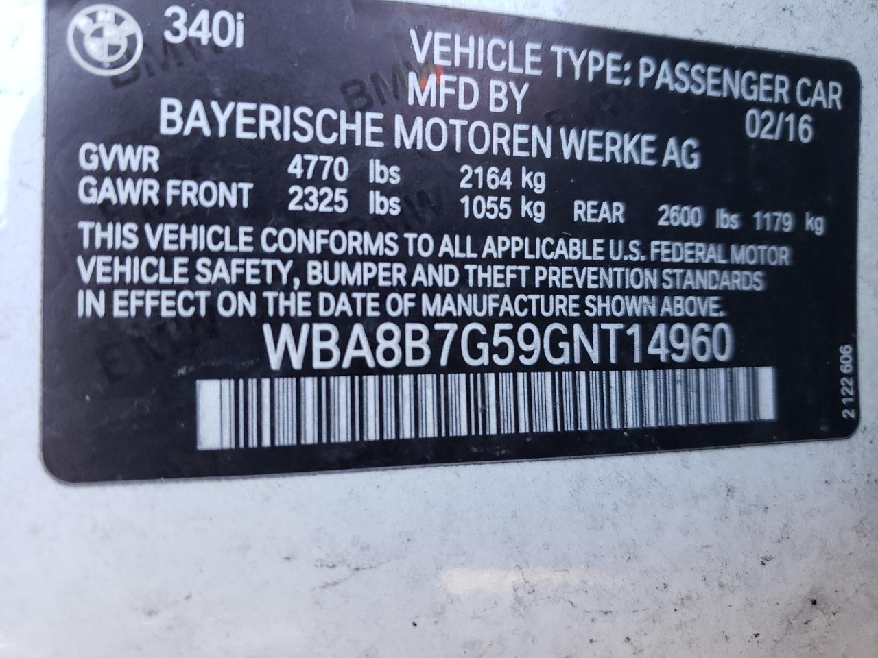 Photo 10 from auction – 2016 BMW 340 XI with VIN WBA8B7G59GNT14960