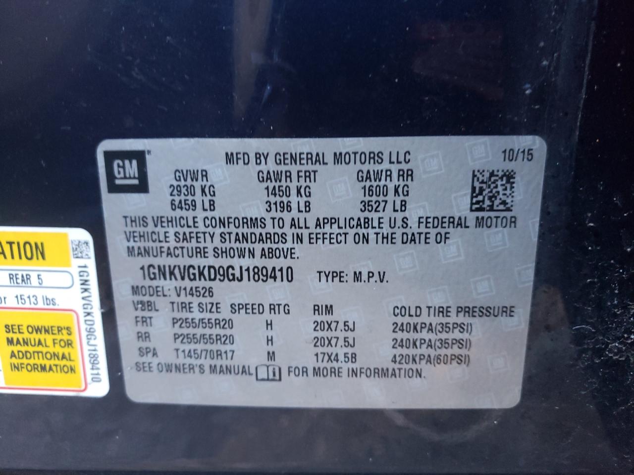 Photo 10 from auction – 2016 CHEVROLET TRAVERSE L with VIN 1GNKVGKD9GJ189410